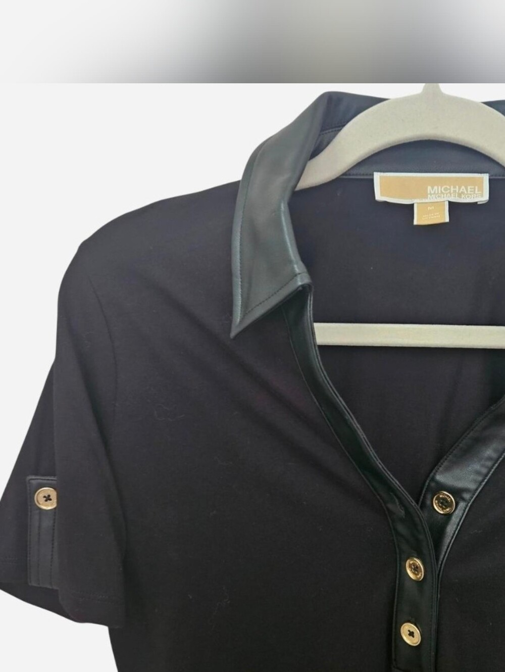 MICHAEL KORS Black Short Sleeve Polo Top Faux Leather Trim Gold Buttons M